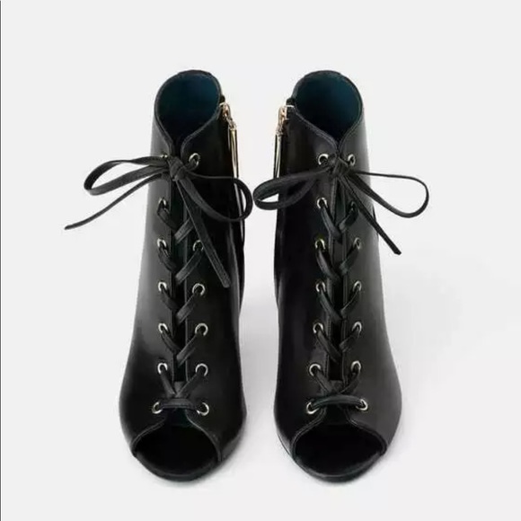 Zara Black Leather LaceUp bootie open-toe Stiletto - Picture 7 of 10
